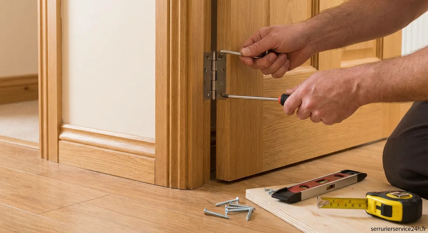 Outils et mains d'un bricoleur pour bien régler jeu porte en bois