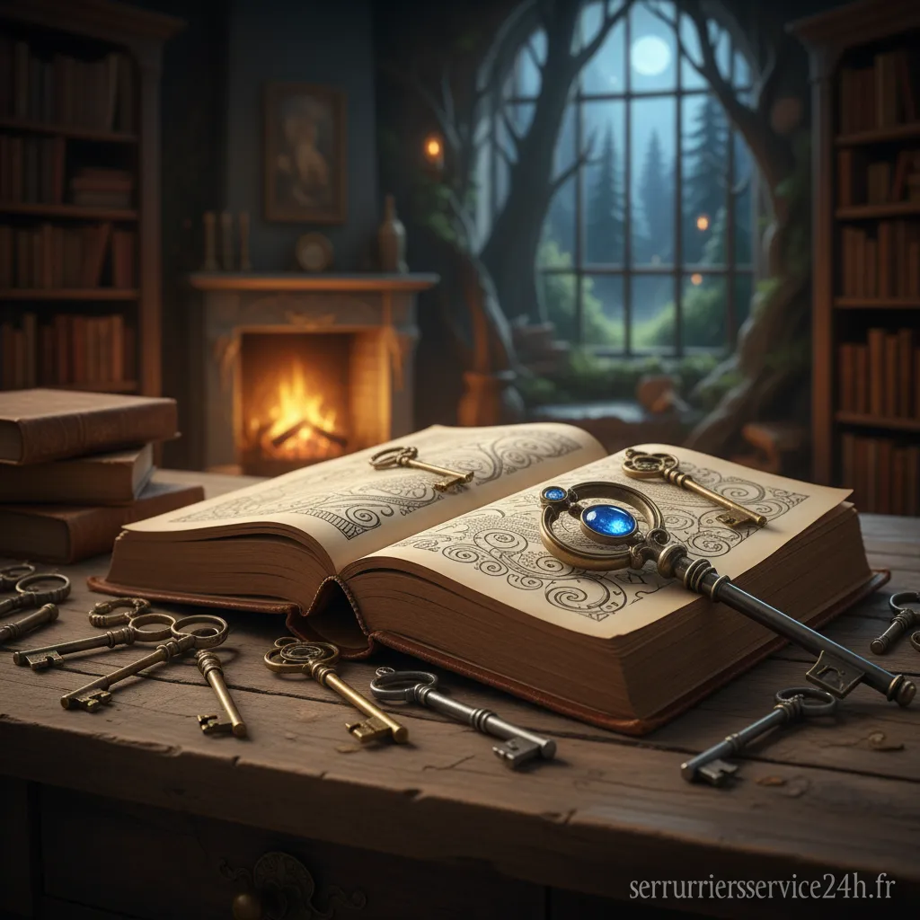 Une vieille clé ornée sur un livre de contes ouvert
