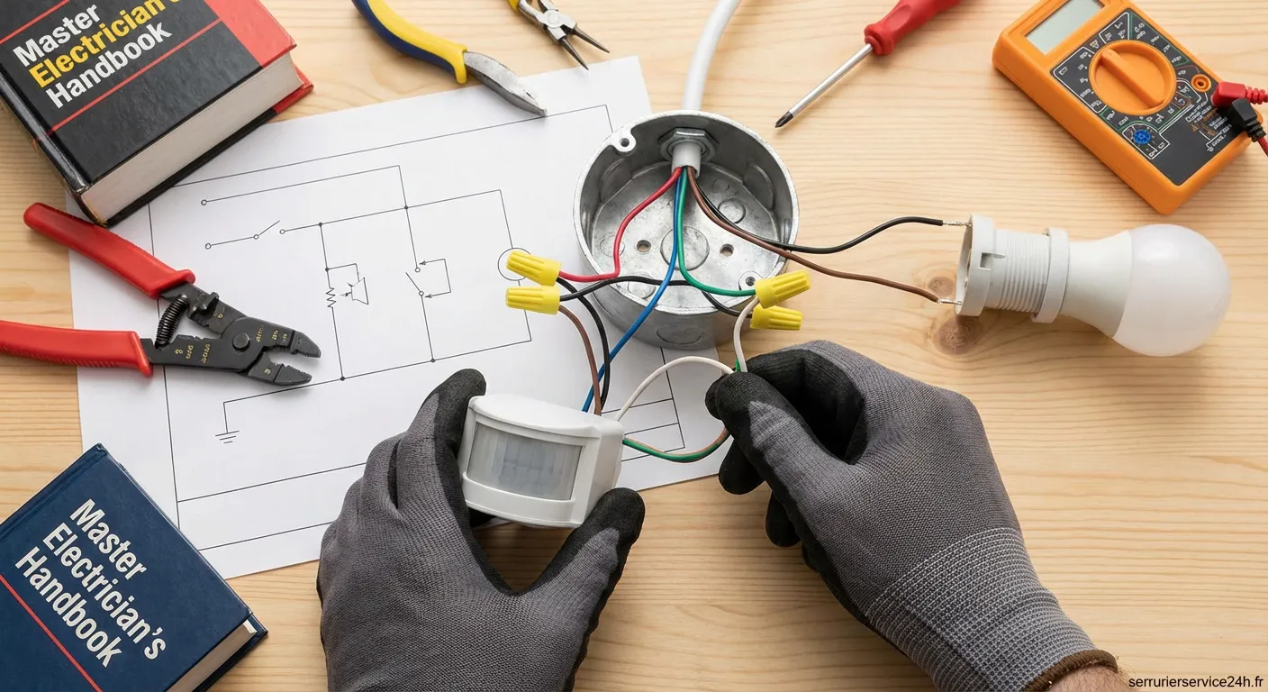 Technicien en train de coupler détecteur mouvement au plafond