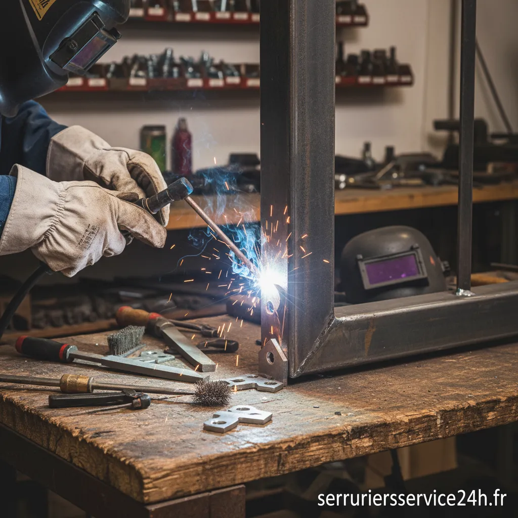 Personne en train de souder une charnière sur un cadre métallique.