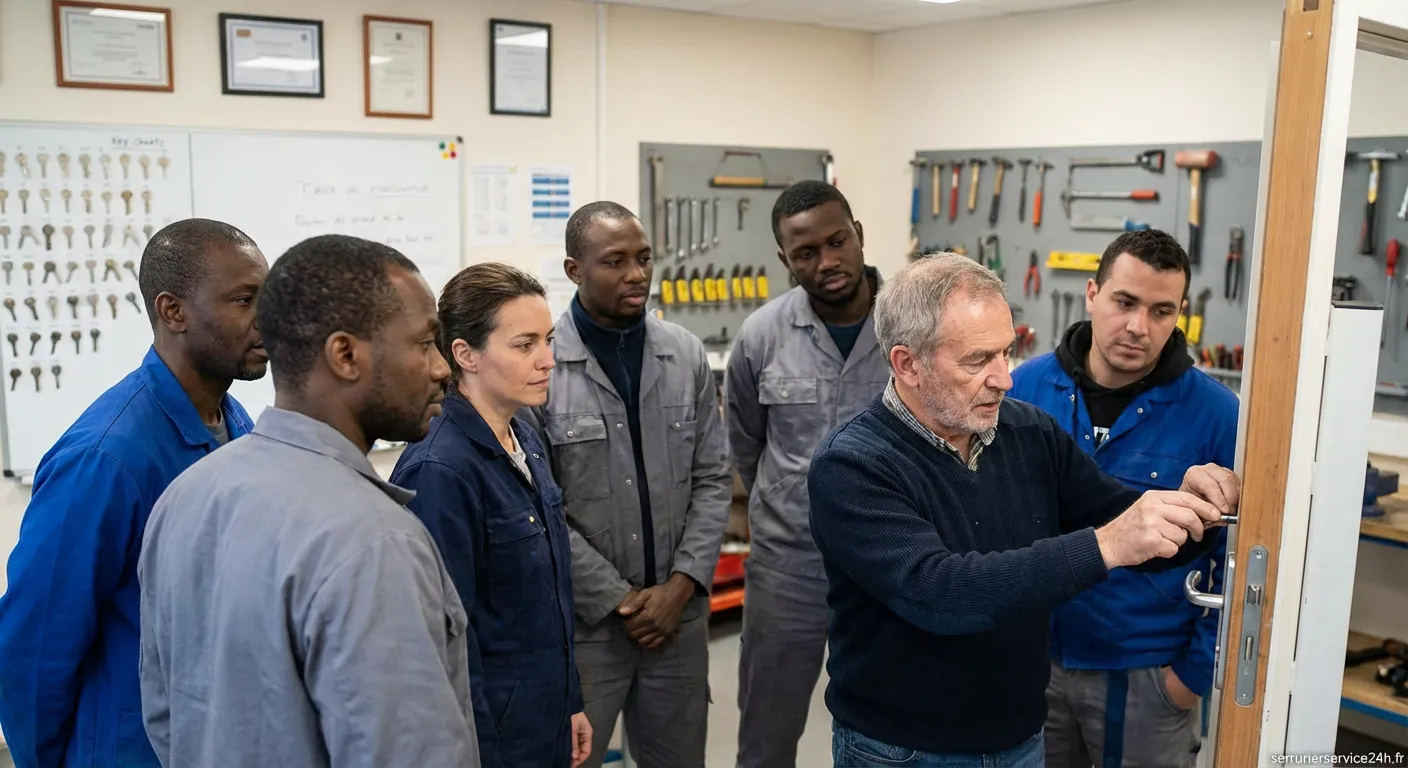 Serrurier professionnel en formation ajustant une serrure de sécurité