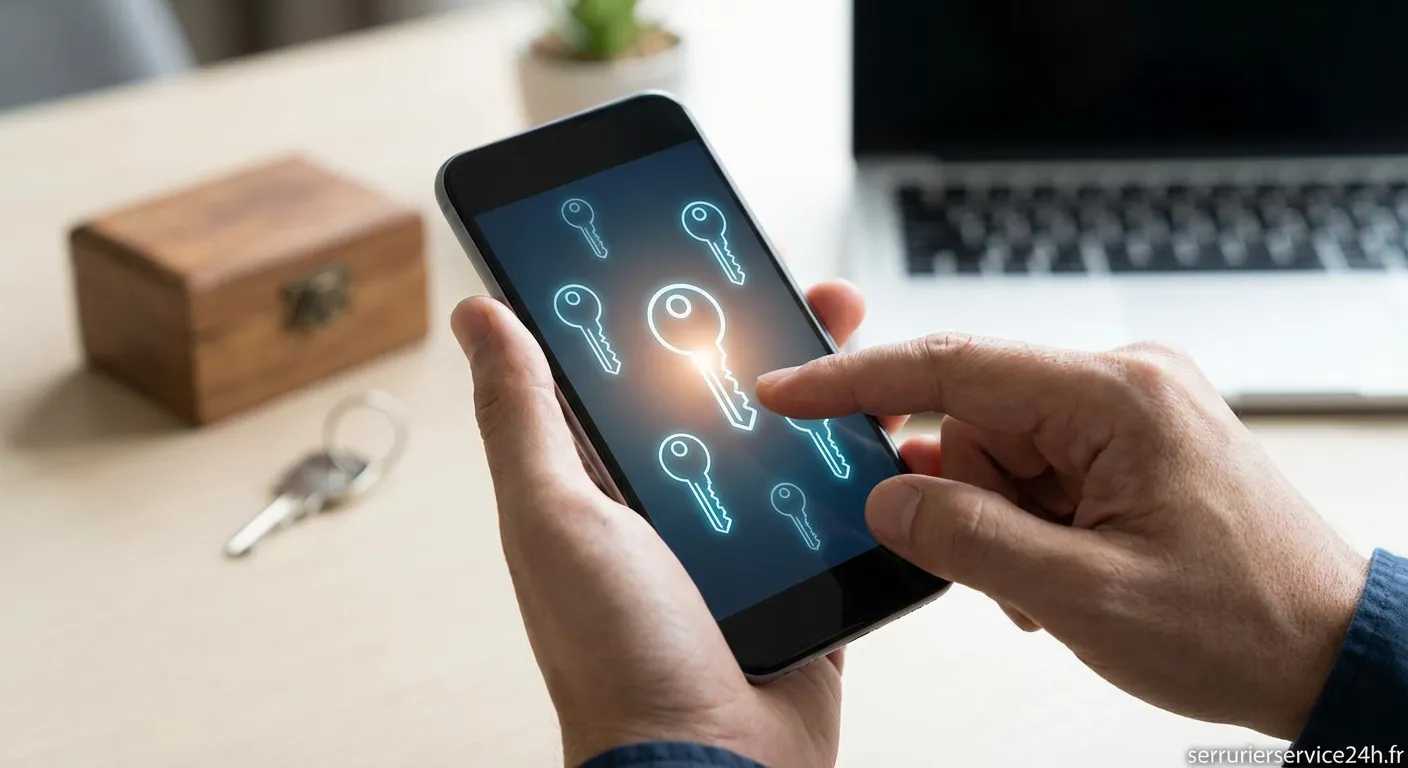 Smartphone affichant une application de gestion de clés virtuelles pour serrure connectée