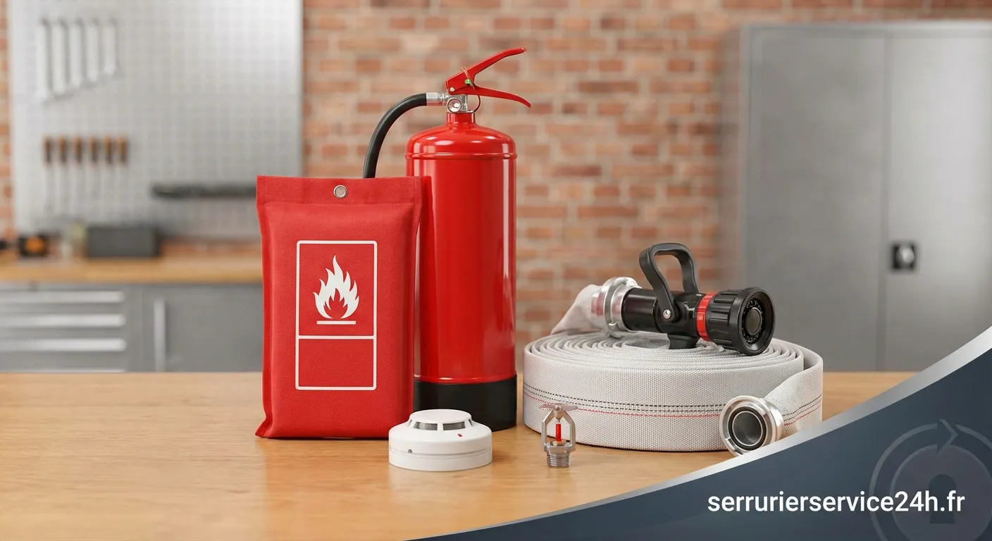 Différents types d'équipements extinction et extincteurs rouges
