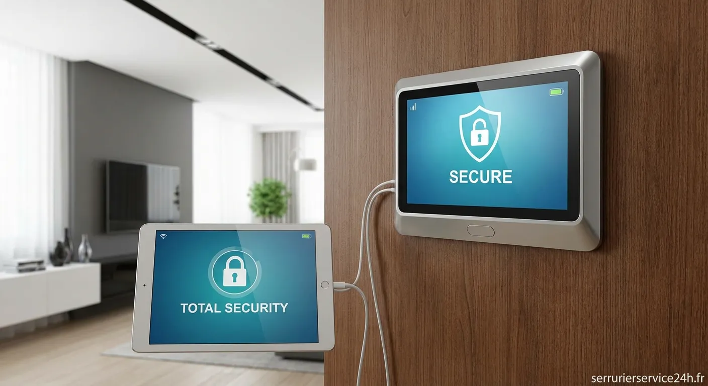 Judas connecté avec écran LCD installé sur une porte d'entrée moderne