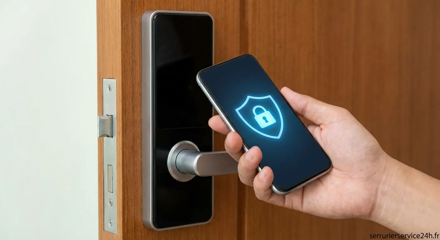 Femme ouvrant une porte d'entrée sécurisée avec une application sur son smartphone