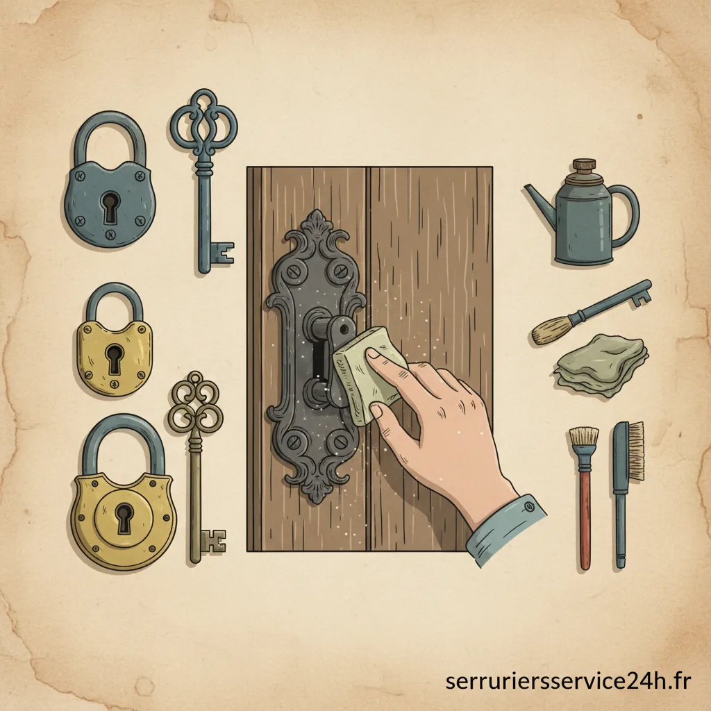 Ancienne serrure ornée sur une porte en bois massif