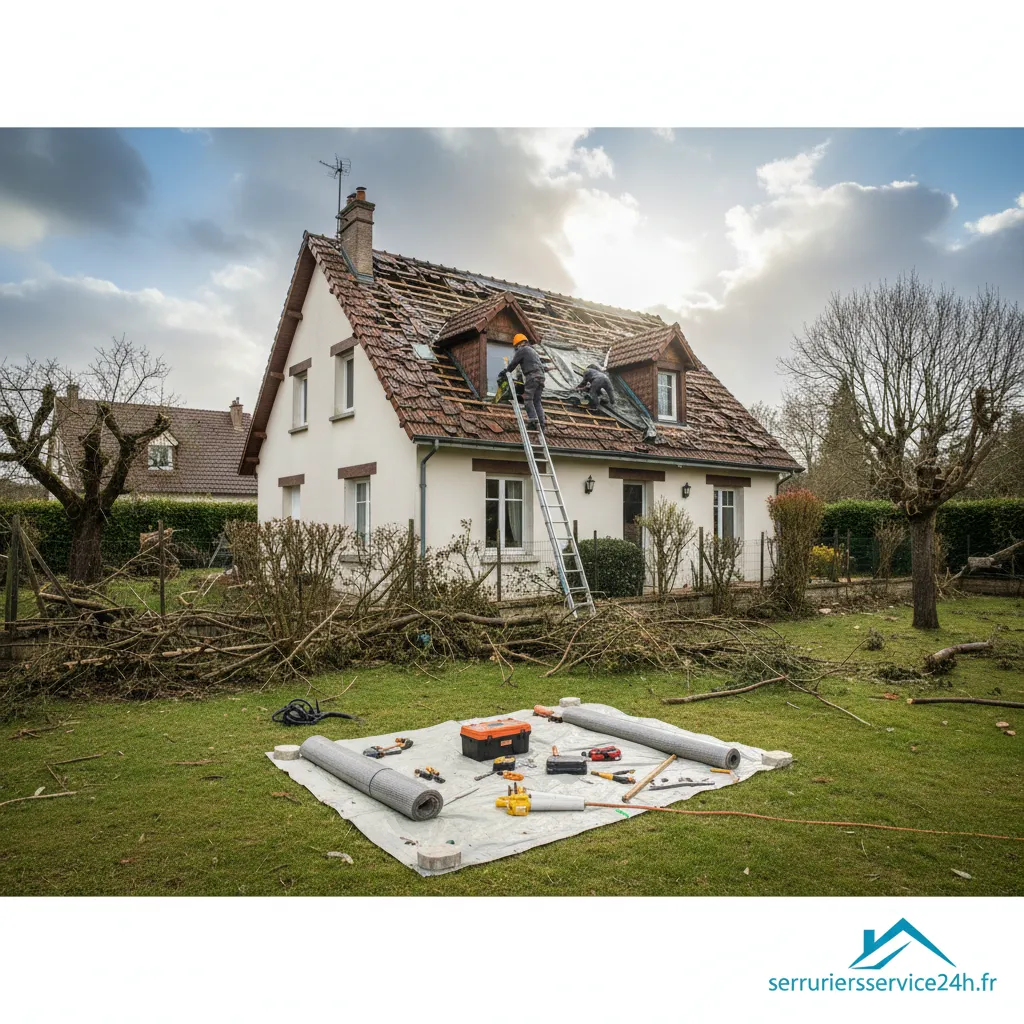 Toiture d'une maison endommagée après le passage d'une violente tempête