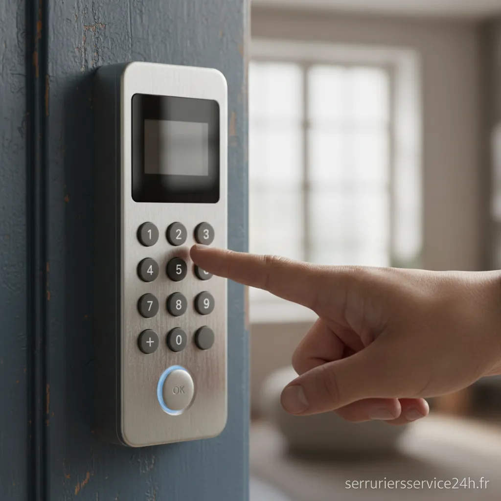 Serrure à code numérique installée sur une porte d'entrée moderne