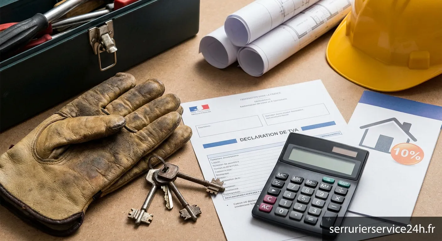 Serrurier professionnel travaillant sur une porte avec informations TVA